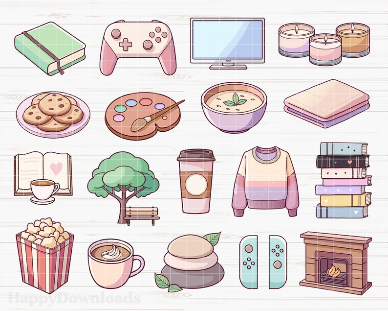 Puede incluir: Una colecci&oacute;n de iconos ilustrados que incluyen un cuaderno verde, un mando de juegos rosa, un televisor, velas, galletas, una paleta de pintura, sopa, una toalla, un libro, un &aacute;rbol, una taza de caf&eacute;, un su&eacute;ter, libros, palomitas de ma&iacute;z, un chocolate caliente, piedras, mandos de juego y una chimenea.