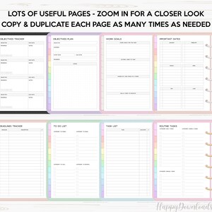 May include: Printable planner pages with pastel colors and rainbow dividers. The pages include sections for objectives, deadlines, to-do lists, tasks, work goals, important dates, and routine tasks.