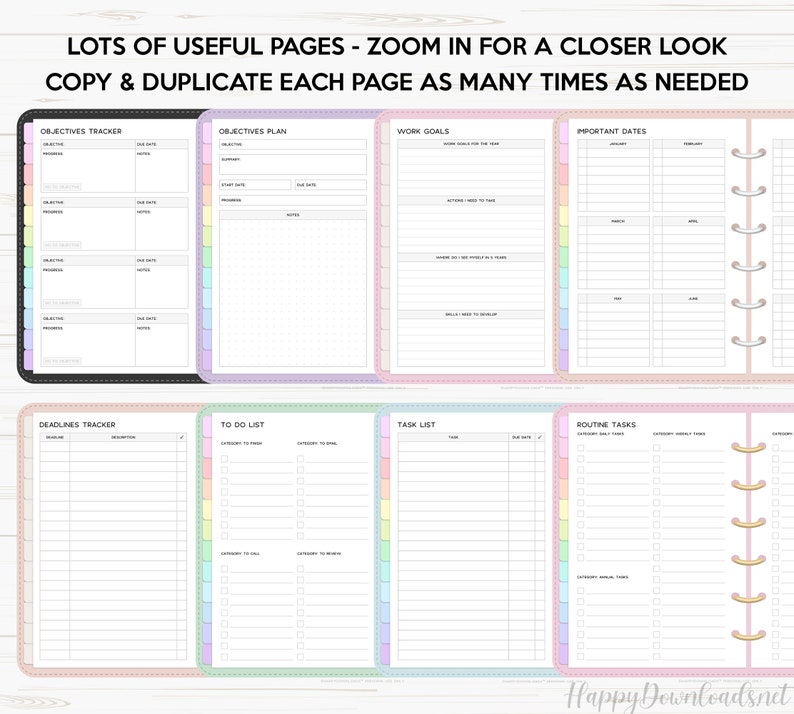 May include: Printable planner pages with pastel colors and rainbow dividers. The pages include sections for objectives, deadlines, to-do lists, tasks, work goals, important dates, and routine tasks.