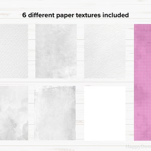 May include: Six different paper textures, including a white canvas texture, a white textured paper, a white watercolor paper, a white grunge paper, a white blank paper, and a pink grid paper.