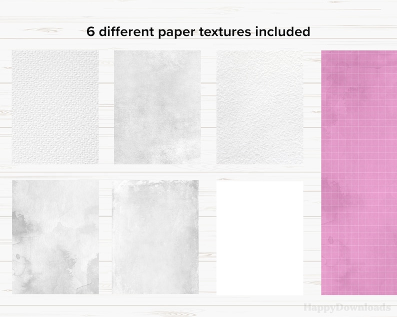 May include: Six different paper textures, including a white canvas texture, a white textured paper, a white watercolor paper, a white grunge paper, a white blank paper, and a pink grid paper.