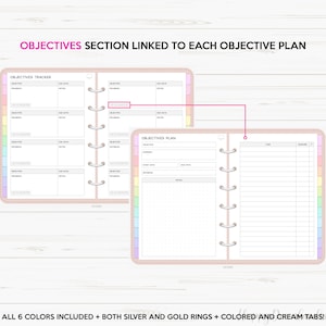 May include: A pink and white planner with a section for tracking objectives and a separate section for planning objectives. The planner has a rainbow colored tab divider and the text "OBJECTIVES SECTION LINKED TO EACH OBJECTIVE PLAN" is at the top of the page.