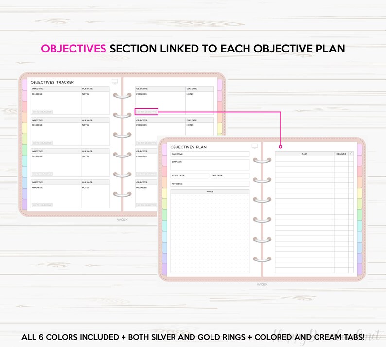 May include: A pink and white planner with a section for tracking objectives and a separate section for planning objectives. The planner has a rainbow colored tab divider and the text "OBJECTIVES SECTION LINKED TO EACH OBJECTIVE PLAN" is at the top of the page.