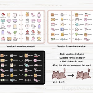 May include: Two versions of planner stickers with colorful illustrations of various activities and words. The first version has the word underneath the image, and the second version has the word to the side. The stickers are suitable for black paper and there are 400 stickers in total. The image also shows a cat sticker with the text "VET APPT" underneath.