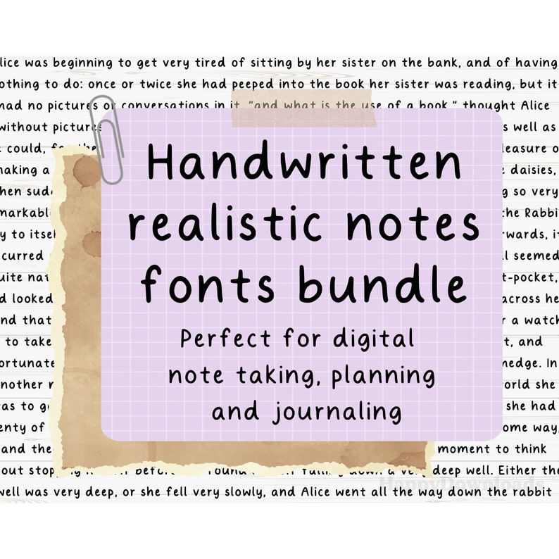 May include: A purple and white digital paper with the text "Handwritten realistic notes fonts bundle" in black. The text "Perfect for digital note taking, planning and journaling" is also in black.