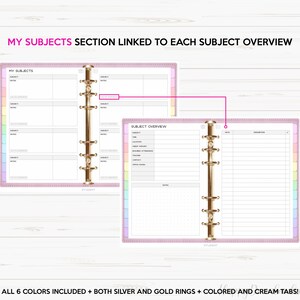 May include: A pink and white planner with gold rings. The left side has a section labeled "My Subjects" with space to list subjects, dates, and notes. The right side has a section labeled "Subject Overview" with space to list subject details, dates, and descriptions.