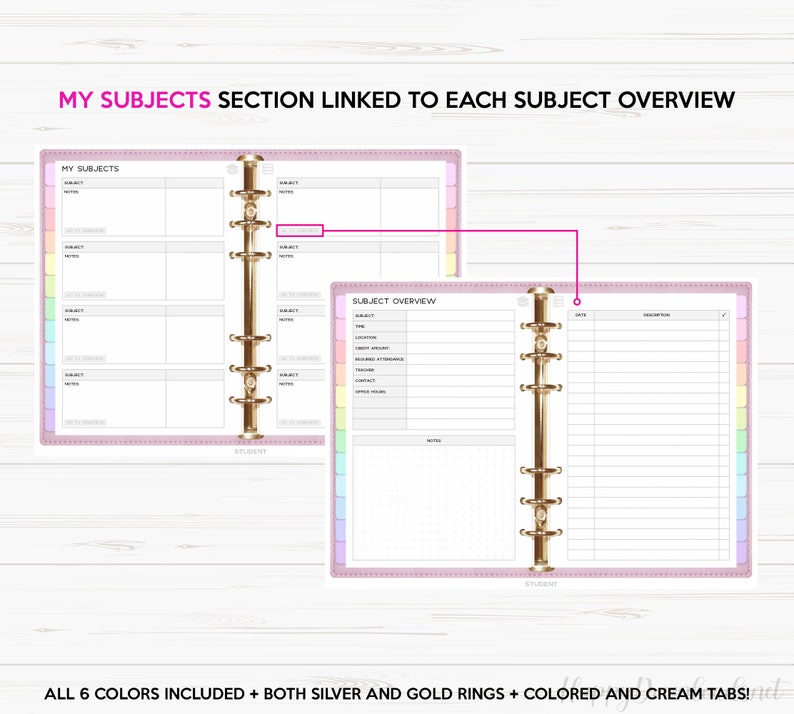 May include: A pink and white planner with gold rings. The left side has a section labeled "My Subjects" with space to list subjects, dates, and notes. The right side has a section labeled "Subject Overview" with space to list subject details, dates, and descriptions.