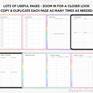 May include: Printable planner pages with colorful borders. The pages include sections for "Me Time Plan", "Reflection", "Me Time Ideas", "Things to Explore", "Inspiration Board", "TV Shows Tracker", and "Movies to Watch".