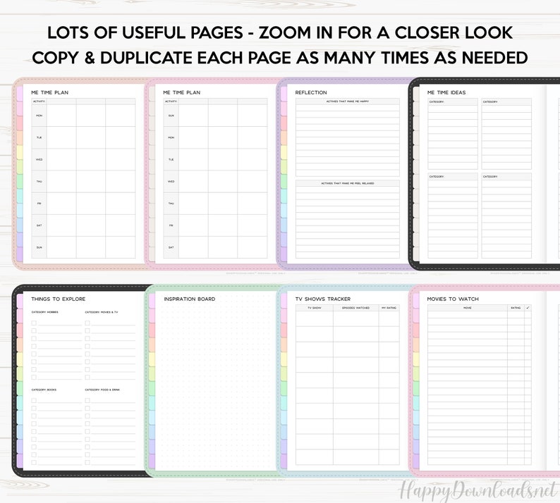 May include: Printable planner pages with colorful borders. The pages include sections for "Me Time Plan", "Reflection", "Me Time Ideas", "Things to Explore", "Inspiration Board", "TV Shows Tracker", and "Movies to Watch".