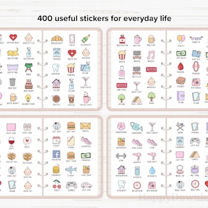 May include: A set of 400 stickers featuring colorful illustrations of everyday activities and objects. The stickers are organized into categories on a pink background with a white border. The title "400 useful stickers for everyday life" is at the top of the page.