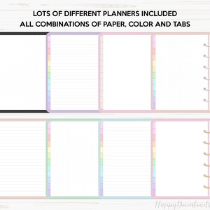 May include: Six different planner layouts with various paper styles, including lined, dotted, and blank pages. Each planner has a rainbow of colored tabs and a gold coil binding.