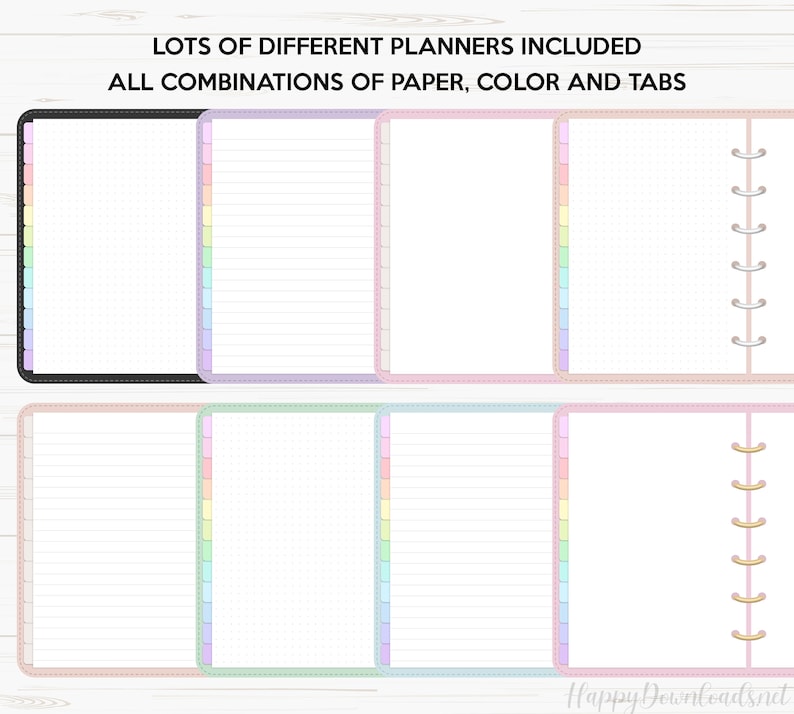 May include: Six different planner layouts with various paper styles, including lined, dotted, and blank pages. Each planner has a rainbow of colored tabs and a gold coil binding.
