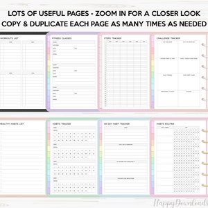 May include: A printable planner with pages for tracking workouts, fitness classes, steps, challenges, healthy habits, and daily routines. The pages are decorated with pastel colors and a dotted border.