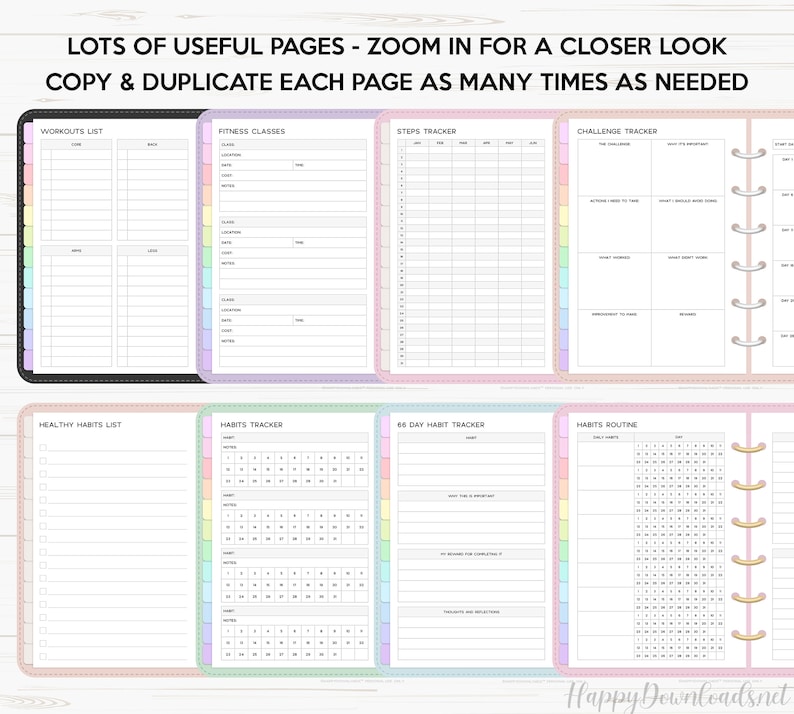 May include: A printable planner with pages for tracking workouts, fitness classes, steps, challenges, healthy habits, and daily routines. The pages are decorated with pastel colors and a dotted border.