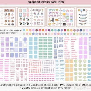 May include: A digital planner sticker pack with 50,000 stickers in various colors and designs. The stickers include a variety of shapes, including circles, squares, rectangles, and stars. The stickers are perfect for adding a personal touch to your digital planner.
