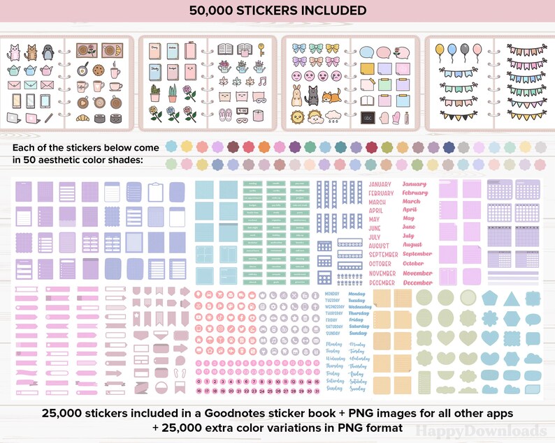 May include: A digital planner sticker pack with 50,000 stickers in various colors and designs. The stickers include a variety of shapes, including circles, squares, rectangles, and stars. The stickers are perfect for adding a personal touch to your digital planner.