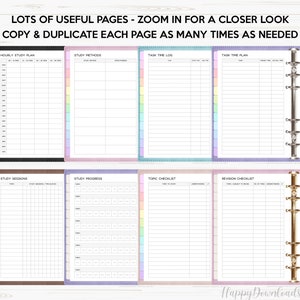 May include: A set of printable planner pages for students. The pages include sections for hourly study plans, study methods, task time logs, task time plans, study sessions, study progress, topic checklists, and revision checklists. The pages are designed with a colorful pastel theme.