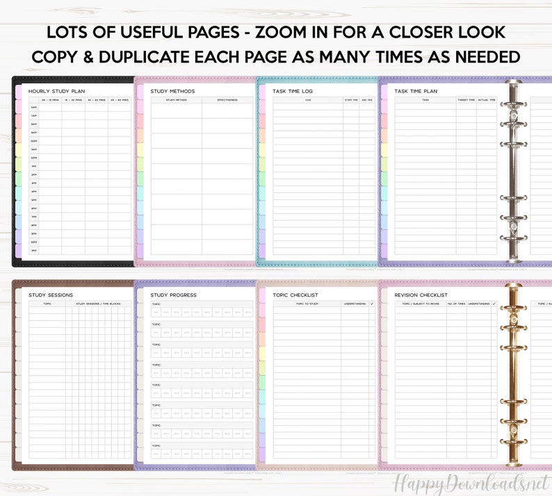 May include: A set of printable planner pages for students. The pages include sections for hourly study plans, study methods, task time logs, task time plans, study sessions, study progress, topic checklists, and revision checklists. The pages are designed with a colorful pastel theme.