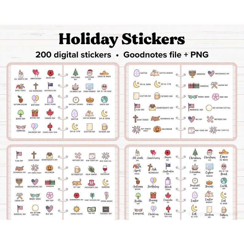 Peut inclure: Un ensemble de 200 autocollants num&eacute;riques pour Goodnotes repr&eacute;sentant diverses f&ecirc;tes et c&eacute;l&eacute;brations. Les autocollants sont illustr&eacute;s dans un style cartoon mignon avec des arri&egrave;re-plans et des bordures color&eacute;s.