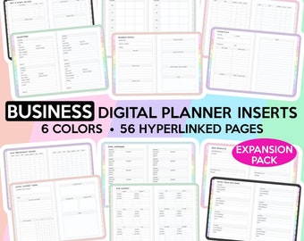 May include: A digital planner insert pack with 56 hyperlinked pages. The pack includes pages for business planning, social media scheduling, sales tracking, email marketing, and more. The pages are designed in a pastel color scheme with rainbow accents.