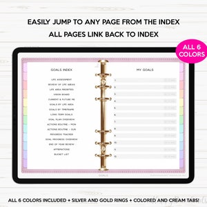May include: A pink and white digital planner with a gold binder. The planner has a goals index with categories like life assessment, vision board, and bucket list. The planner also has a section for my goals with 12 lines for writing goals.