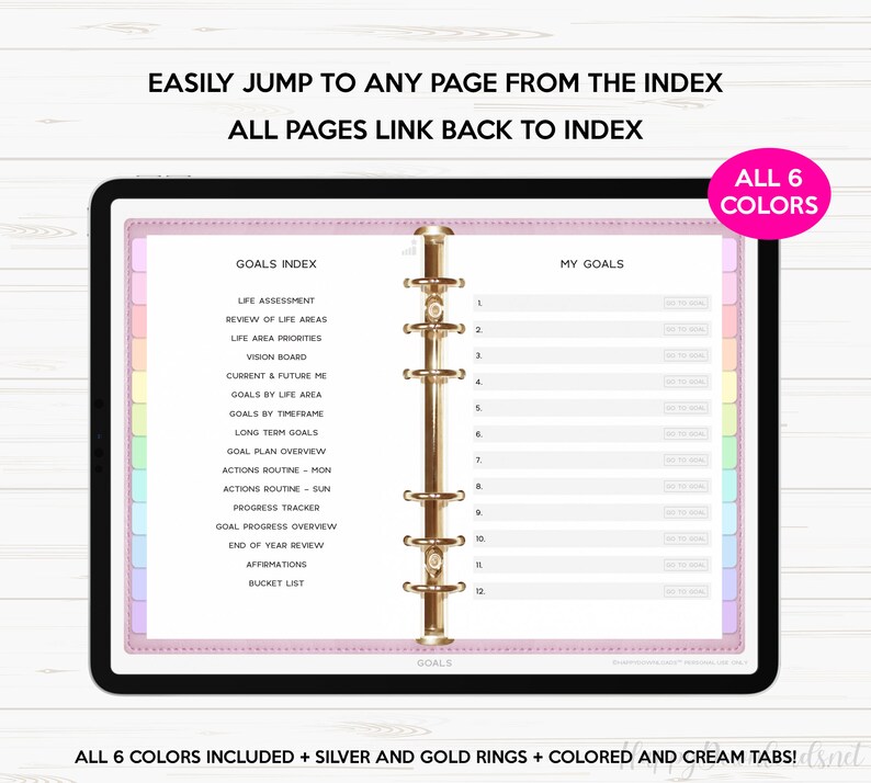 May include: A pink and white digital planner with a gold binder. The planner has a goals index with categories like life assessment, vision board, and bucket list. The planner also has a section for my goals with 12 lines for writing goals.