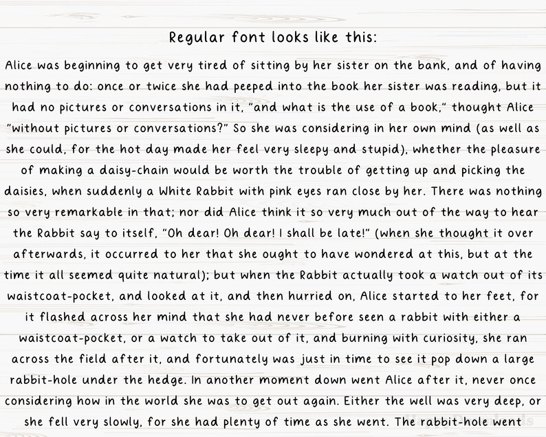 May include: A black and white illustration of a rabbit holding a pocket watch. The text reads "Oh dear! Oh dear! I shall be late!"  Alice was beginning to get very tired of sitting by her sister on the bank, and of having nothing to do: once or twice she had peeped into the book her sister was reading, but it had no pictures or conversations in it, "and what is the use of a book," thought Alice "without pictures or conversations?" So she was considering in her own mind (as well as she could, for the hot day made her feel very sleepy and stupid), whether the pleasure of making a daisy-chain would be worth the trouble of getting up and picking the daisies, when suddenly a White Rabbit with pink eyes ran close by her. There was nothing so very remarkable in that; nor did Alice think it so very much out of the way to hear the Rabbit say to itself, "Oh dear! Oh dear! I shall be late!" (when she thought it over afterwards, it occurred to her that she ought to have wondered at this, but at the time it all seemed quite natural); but when the Rabbit actually took a watch out of its waistcoat-pocket, and looked at it, and then hurried on, Alice started to her feet, for it flashed across her mind that she had never before seen a rabbit with either a waistcoat-pocket, or a watch to take out of it, and burning with curiosity, she ran across the field after it, and fortunately was just in time to see it pop down a large rabbit-hole under the hedge. In another moment down went Alice after it, never once considering how in the world she was to get out again. Either the well was very deep, or she fell very slowly, for she had plenty of time as she went. The rabbit-hole went