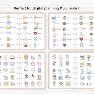 May include: A digital planner with a pink and white cover and a variety of icons for different activities, such as appointments, birthdays, and shopping. The icons are in a cute cartoon style.