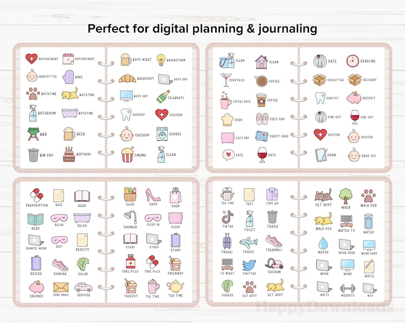 May include: A digital planner with a pink and white cover and a variety of icons for different activities, such as appointments, birthdays, and shopping. The icons are in a cute cartoon style.