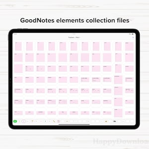 May include: A digital tablet screen displaying a collection of pink GoodNotes elements, including trackers, checklists, and other organizational tools. The title of the collection is "Trackers - Pink".