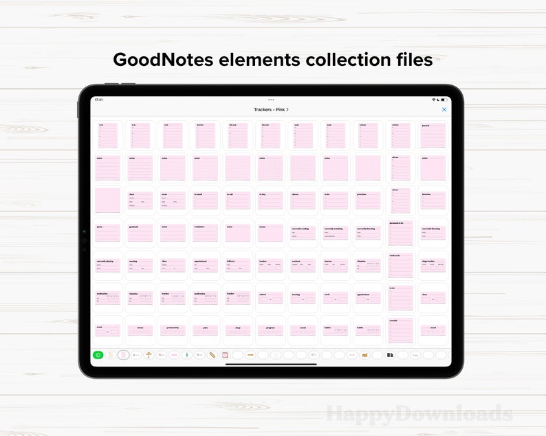 May include: A digital tablet screen displaying a collection of pink GoodNotes elements, including trackers, checklists, and other organizational tools. The title of the collection is "Trackers - Pink".