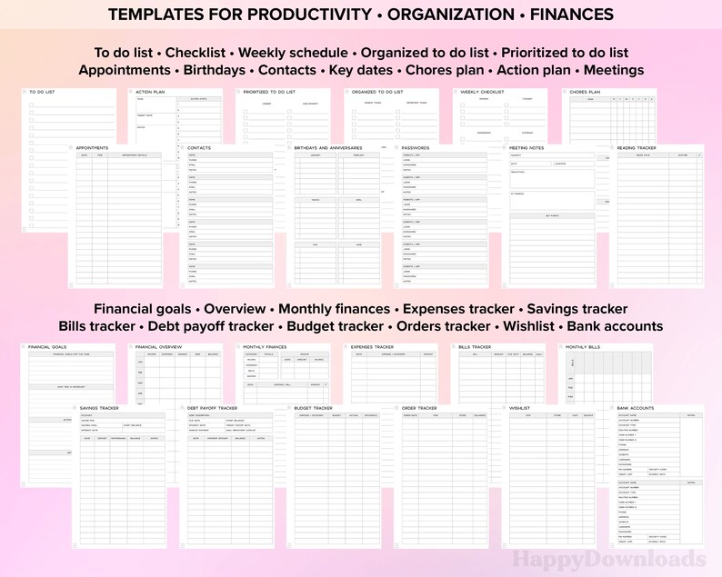Pu&ograve; includere: Una raccolta di modelli stampabili per produttivit&agrave;, organizzazione e finanza. Include liste di cose da fare, liste di controllo, programmi settimanali e strumenti di monitoraggio finanziario. Per gestire attivit&agrave;, appuntamenti e finanze.