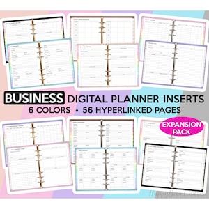 May include: A digital planner insert pack with 6 different color options. The pack includes 56 hyperlinked pages for business planning. The text "Expansion Pack" is visible in the image.