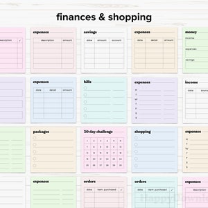 May include: A set of 12 printable pastel-colored sticky notes with different categories for tracking finances and shopping. The categories include bills, expenses, savings, money, income, packages, 30 day challenge, shopping, and orders.