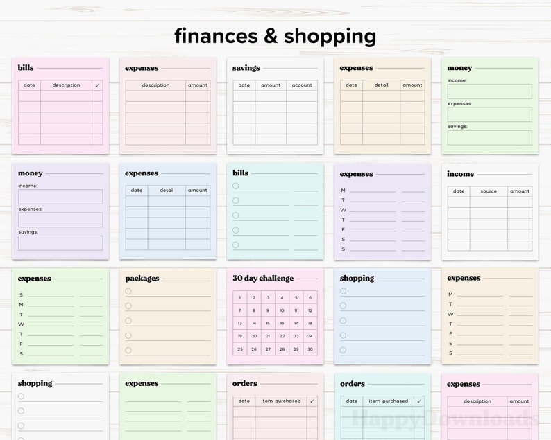 May include: A set of 12 printable pastel-colored sticky notes with different categories for tracking finances and shopping. The categories include bills, expenses, savings, money, income, packages, 30 day challenge, shopping, and orders.
