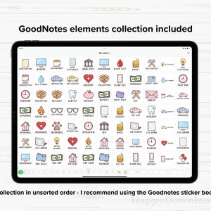 May include: A collection of GoodNotes elements, displayed on a tablet screen. The elements are organised in a grid and include icons for various categories, such as appointments, finances, and insurance. The icons are colourful and feature a variety of designs.