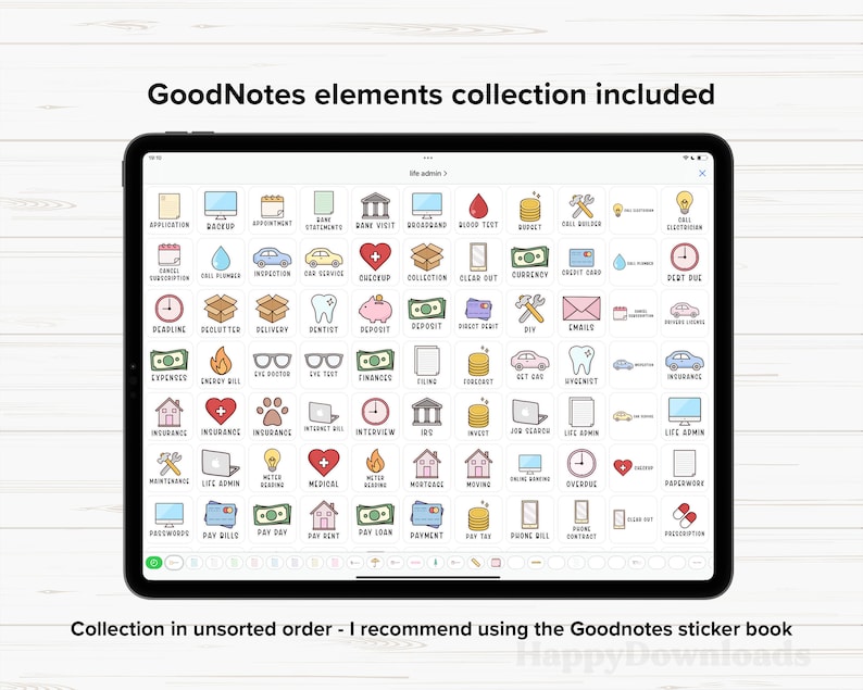 May include: A collection of GoodNotes elements, displayed on a tablet screen. The elements are organised in a grid and include icons for various categories, such as appointments, finances, and insurance. The icons are colourful and feature a variety of designs.