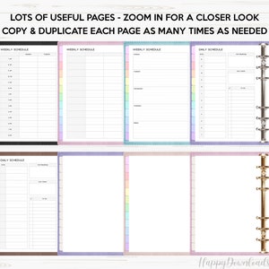 May include: A set of printable planner pages with different layouts for weekly and daily schedules. The pages are designed with pastel colors and a dotted border. The text "LOTS OF USEFUL PAGES - ZOOM IN FOR A CLOSER LOOK COPY & DUPLICATE EACH PAGE AS MANY TIMES AS NEEDED" is at the top of the page.