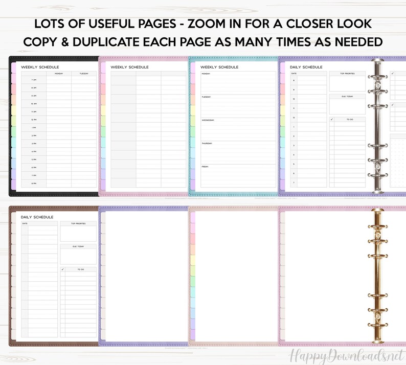 May include: A set of printable planner pages with different layouts for weekly and daily schedules. The pages are designed with pastel colors and a dotted border. The text "LOTS OF USEFUL PAGES - ZOOM IN FOR A CLOSER LOOK COPY & DUPLICATE EACH PAGE AS MANY TIMES AS NEEDED" is at the top of the page.