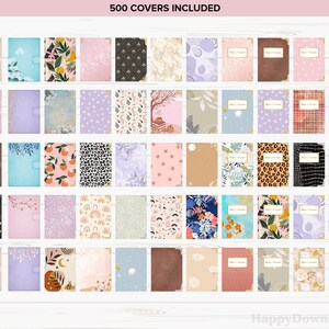 Pu&ograve; includere: Una collezione di 500 copertine di diario con vari design. Le copertine presentano motivi floreali, geometrici e astratti in una gamma di colori, tra cui rosa, blu e marrone. Ogni copertina ha un'etichetta rettangolare con testo. L'immagine &egrave; una griglia delle copertine.
