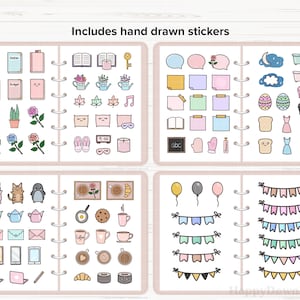 May include: A set of 64 hand-drawn stickers featuring various cute illustrations, including animals, food, objects, and symbols. The stickers are organized into four pages of a binder, each page containing 16 stickers. The stickers are in a variety of colors, including pink, blue, yellow, green, and brown.