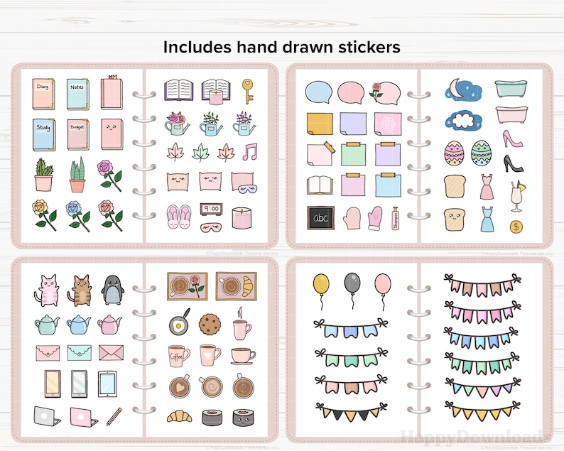 May include: A set of 64 hand-drawn stickers featuring various cute illustrations, including animals, food, objects, and symbols. The stickers are organized into four pages of a binder, each page containing 16 stickers. The stickers are in a variety of colors, including pink, blue, yellow, green, and brown.