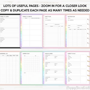 May include: A set of printable planner pages with colorful borders. The pages include sections for things to learn, things to create, craft plans, knitting plans, gardening logs, garden plans, walks and hikes, and games to play.