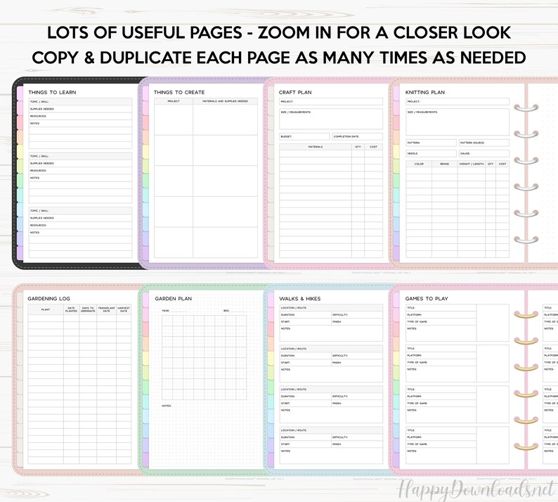 May include: A set of printable planner pages with colorful borders. The pages include sections for things to learn, things to create, craft plans, knitting plans, gardening logs, garden plans, walks and hikes, and games to play.