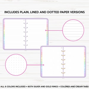 May include: A set of six-color,  lined, dotted, and plain paper inserts for a personal size planner. The inserts feature a rainbow color scheme and include both silver and gold rings. The text "INCLUDES PLAIN, LINED AND DOTTED PAPER VERSIONS" and "ALL 6 COLORS INCLUDED + BOTH SILVER AND GOLD RINGS + COLORED AND CREAM TABS!" is visible in the image.