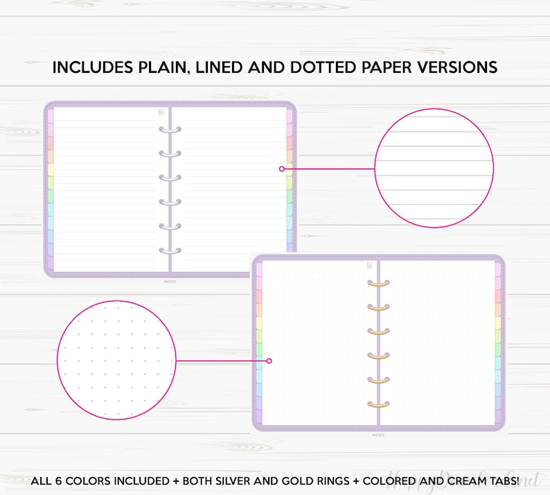 May include: A set of six-color,  lined, dotted, and plain paper inserts for a personal size planner. The inserts feature a rainbow color scheme and include both silver and gold rings. The text "INCLUDES PLAIN, LINED AND DOTTED PAPER VERSIONS" and "ALL 6 COLORS INCLUDED + BOTH SILVER AND GOLD RINGS + COLORED AND CREAM TABS!" is visible in the image.