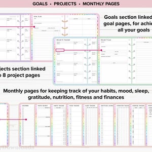 May include: A planner with a rainbow design. The planner has sections for goals, projects, and monthly pages. The monthly pages include sections for tracking habits, mood, sleep, gratitude, nutrition, fitness, and finances.