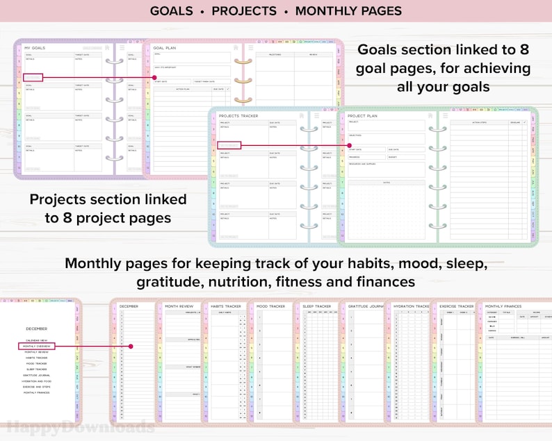May include: A planner with a rainbow design. The planner has sections for goals, projects, and monthly pages. The monthly pages include sections for tracking habits, mood, sleep, gratitude, nutrition, fitness, and finances.