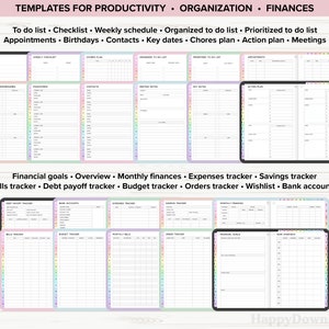 May include: A digital planner with colorful tabs and a variety of templates for productivity, organization, and finances. The templates include to-do lists, checklists, weekly schedules, organized to-do lists, prioritized to-do lists, appointments, birthdays, contacts, key dates, chores plans, action plans, meetings, financial goals, overview, monthly finances, expenses trackers, savings trackers, bills trackers, debt payoff trackers, budget trackers, orders trackers, wishlists, and bank accounts.