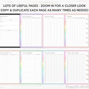 May include: A set of printable planner pages with colorful borders. The pages include sections for meeting notes, hours worked log, overtime tracker, timesheet, client and project log, task time required, team leave tracker, and annual leave tracker.